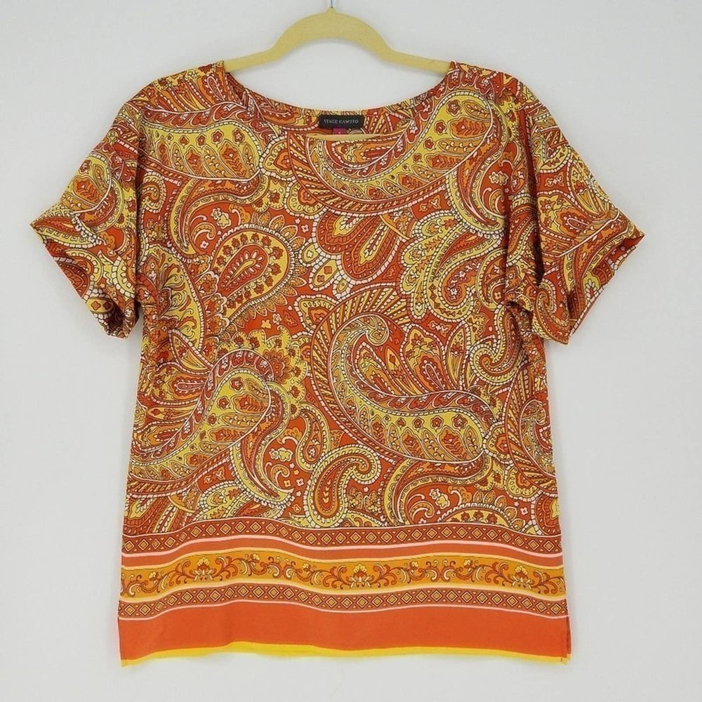Vince Camuto Blouse Shirt Paisley Print Roll Short Sleeve Pullover Orange Size S